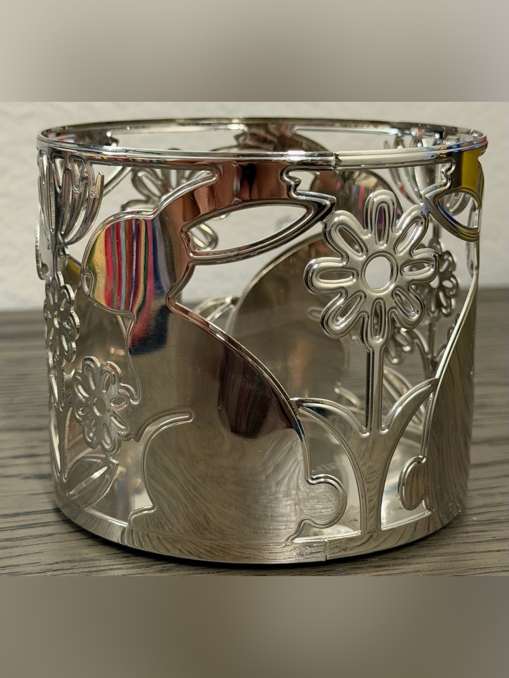 Bath & Body Works Silver Floral Bunny Metal Candle Sleeve